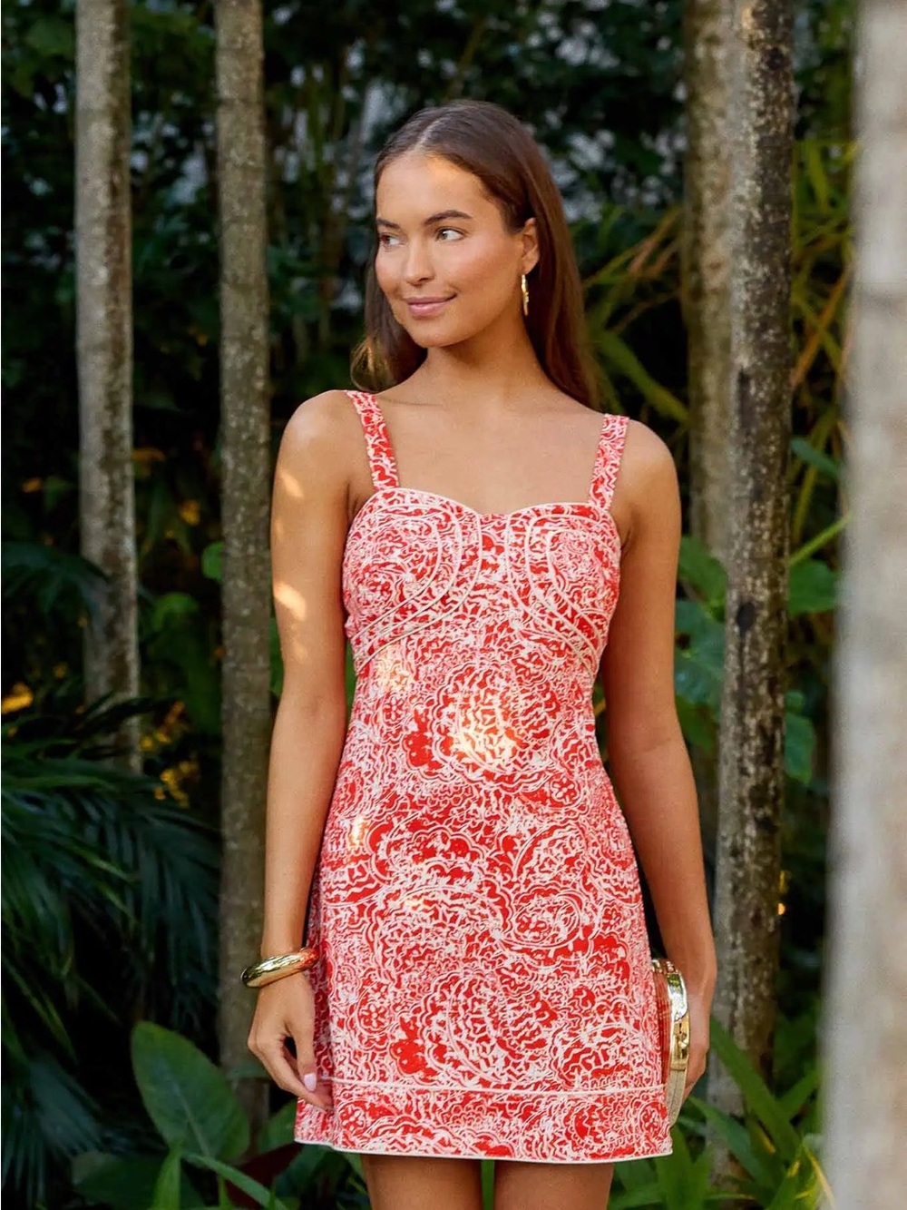 Red Printed Mini Dress with Square Neck